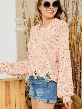 Pink Lily Distressed Speckled Crochet Sweater